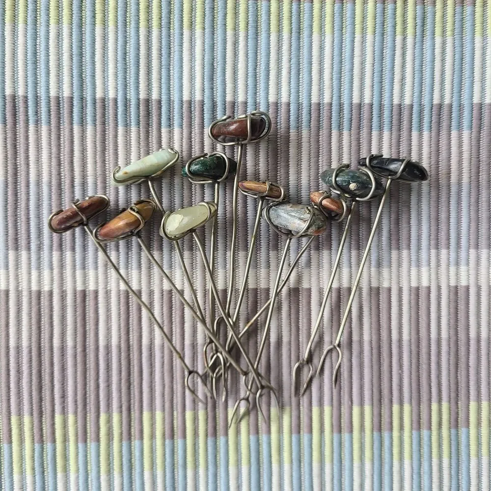 Vintage Mid-Century Modern Wire-Wrapped Stone Cocktail Picks Hors D'Oeuvre Forks